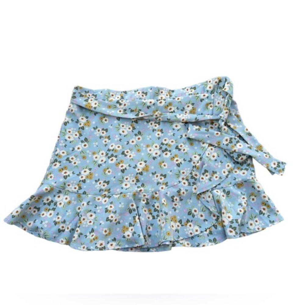 Attard State Womens Light Blue Floral Ruffle Wrap Skirt With Tie Waist L